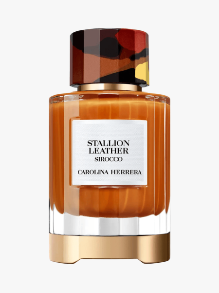 Carolina Herrera Stallion Leather Sirocco Eau de Parfum in branded component on a light gray background