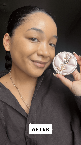 Richards after applying the Yves Saint Laurent Skin Affair Soft Glow Cushion Foundation