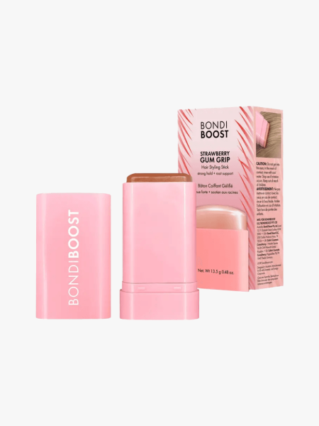 BondiBoost Strawberry Gum Grip Styling Stick in branded components on a light gray background